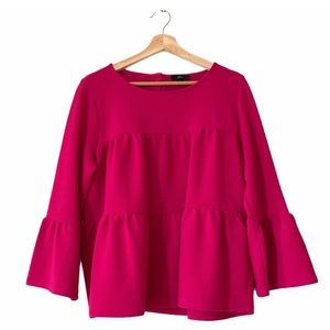 J. CREW Medium M pink tiered ruffle peplum button back 3/4 sleeve shirt top EUC
